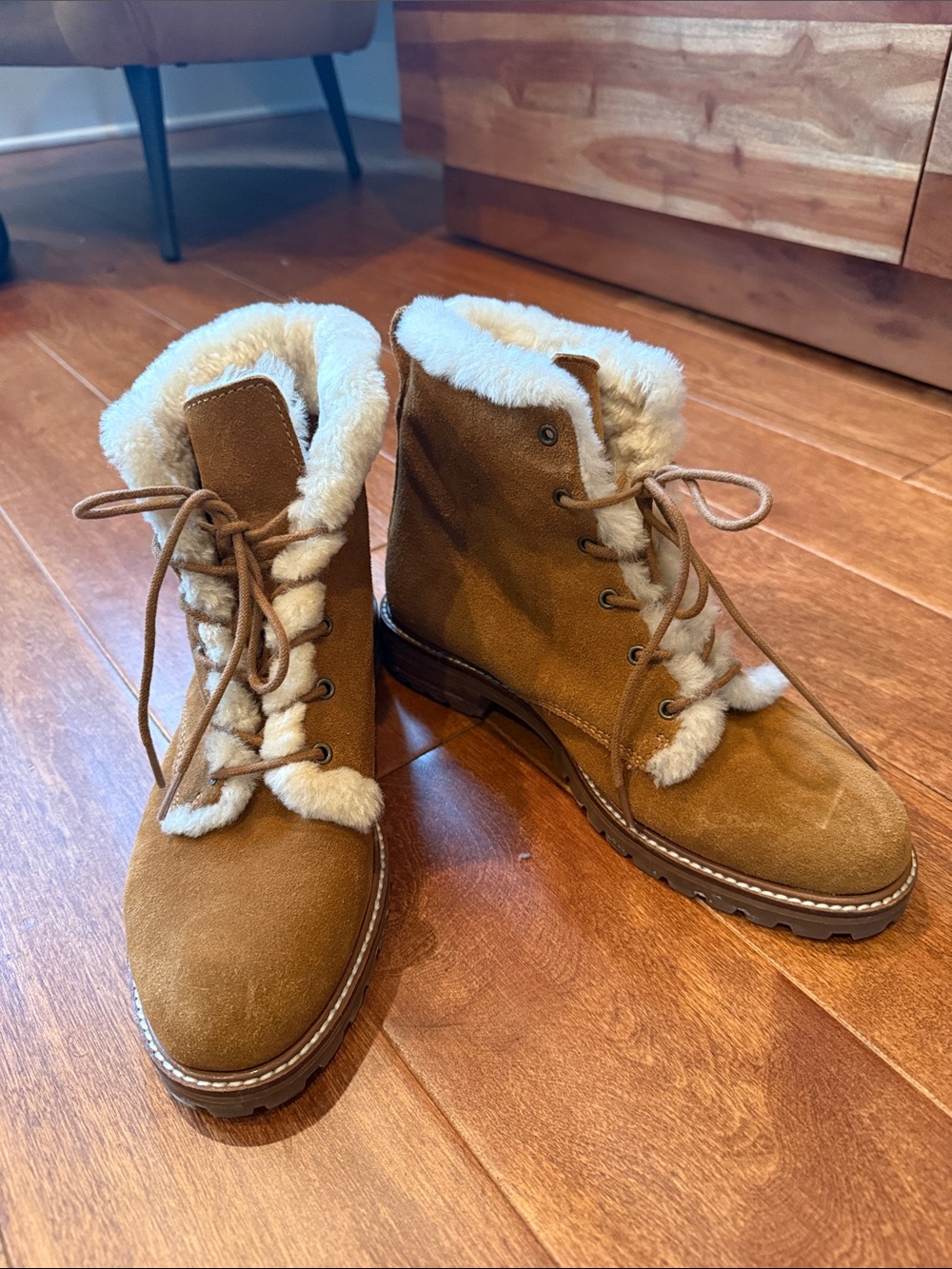Women’s Tan Suede Faux-Shearling Lace-Up Boots